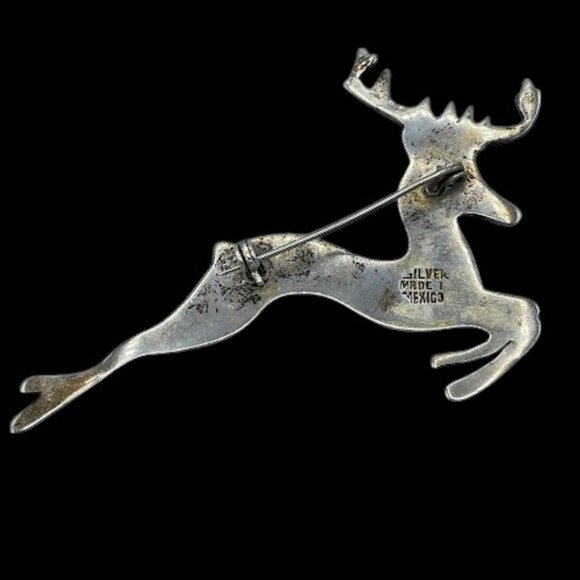 Vintage Old Sterling Silver Turquoise Mexico Deer Stag Brooch Buck - Picture 5 of 13